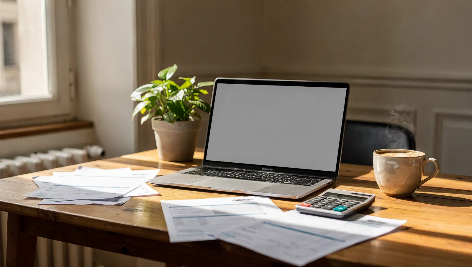 Bureau à domicile d'un indépendant : ordinateur portable, factures, calculatrice et café