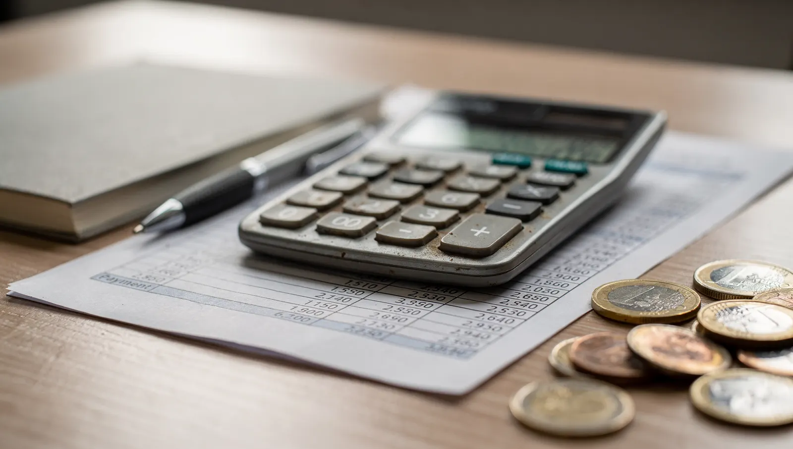 Calculatrice, échéancier, pièces en euros et carnet sur un bureau
