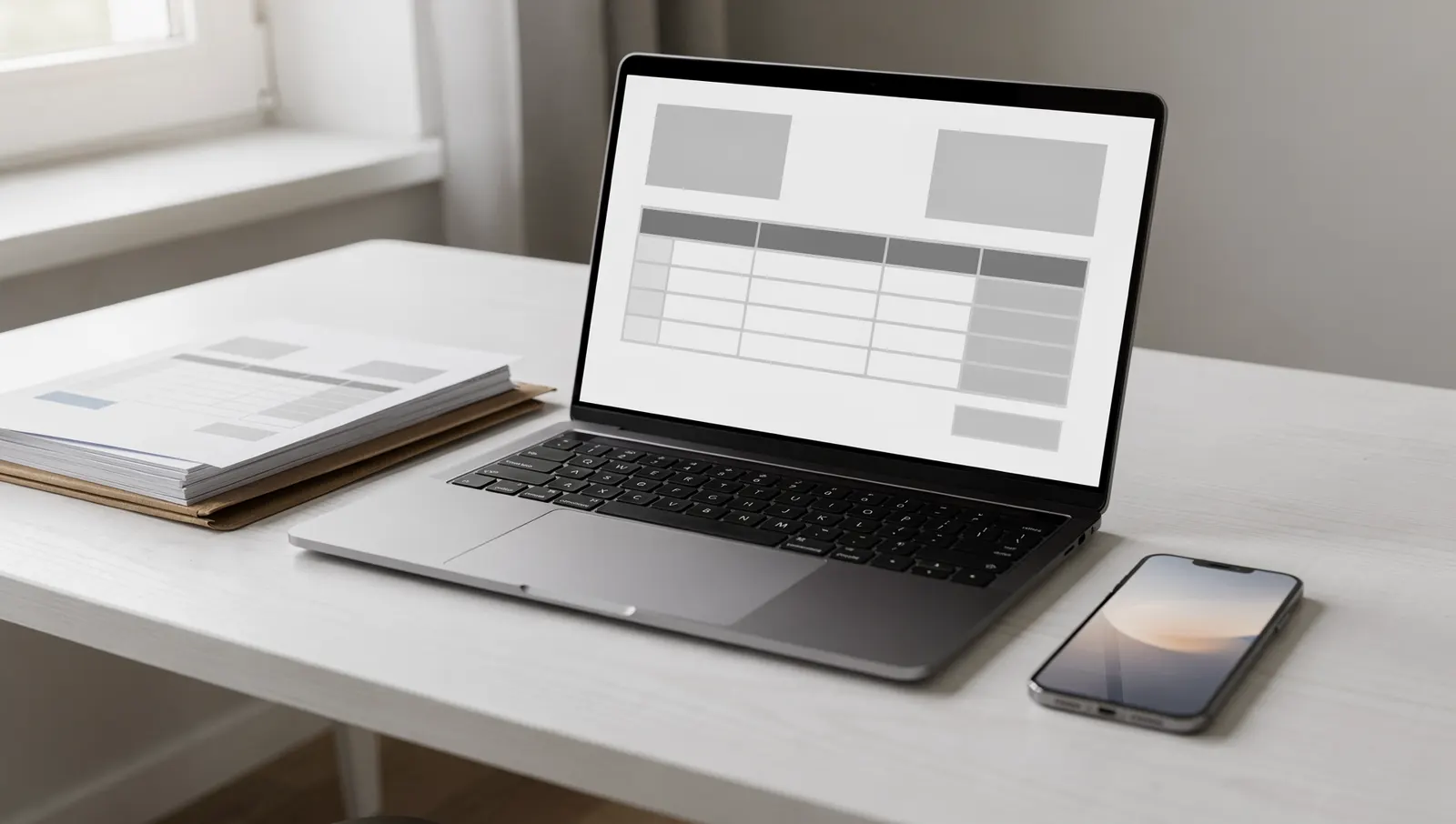 Ordinateur portable affichant une facture, téléphone et dossier de documents sur un bureau