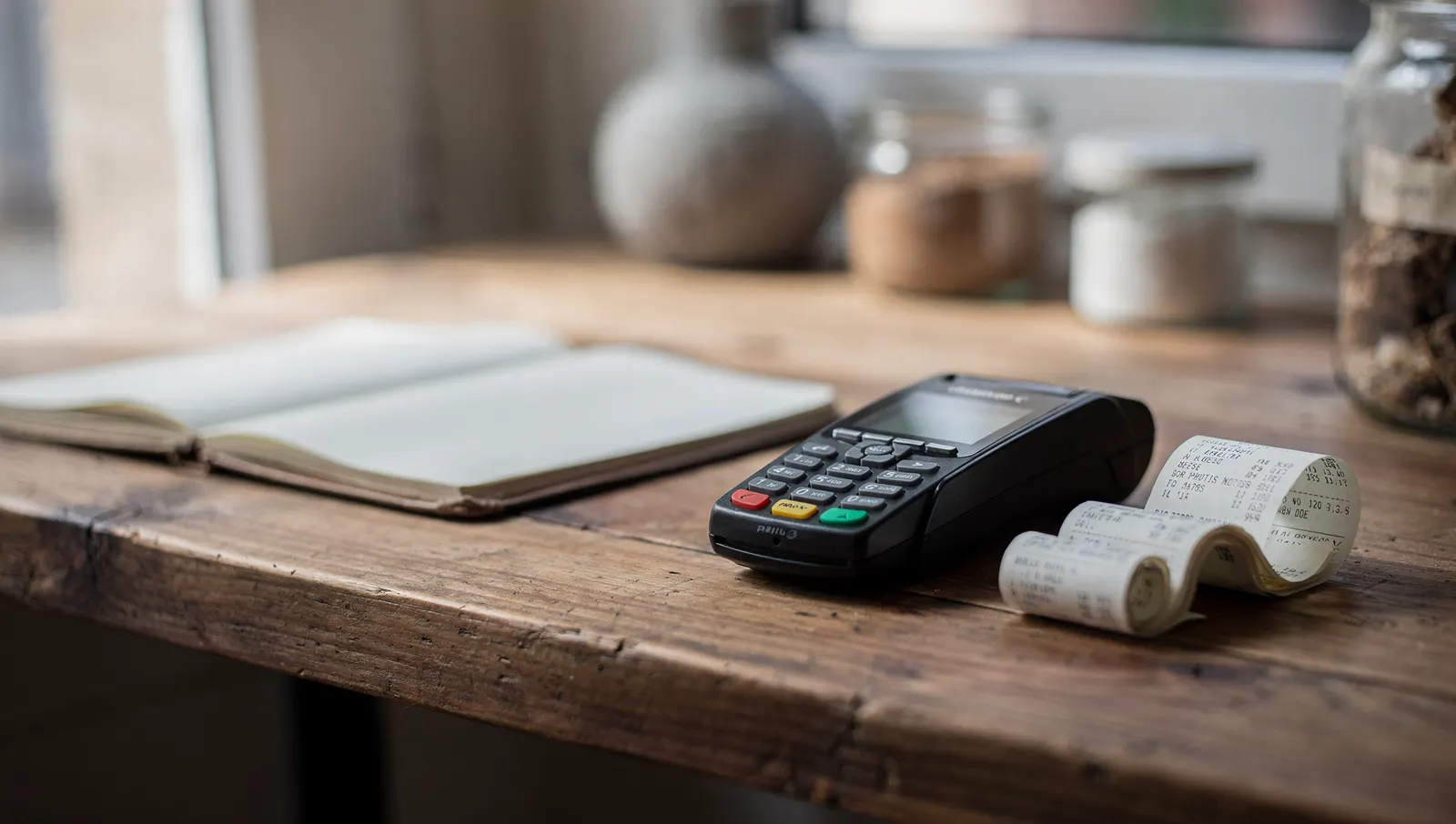 Comptoir d'une petite boutique d'artisan avec un terminal de paiement et des tickets
